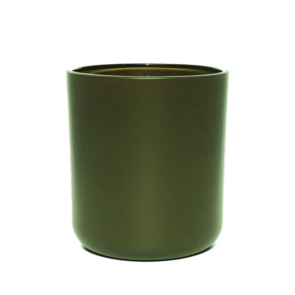 This image shows a cylindrical opaque  glass candle container in an olive green color.